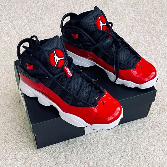 SOLD 😃 NEW AUTHENTIC AIR JORDAN Red Patent & BlK Mid-Top Sneakers - Picture 1 of 13